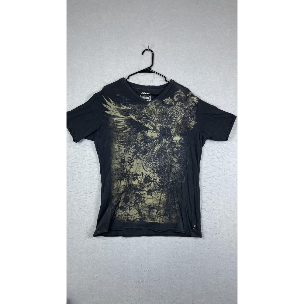 Modern‎ Culture Shirt Mens Large Black Gold V Neck Graphic Eagle Snake Crest Tee